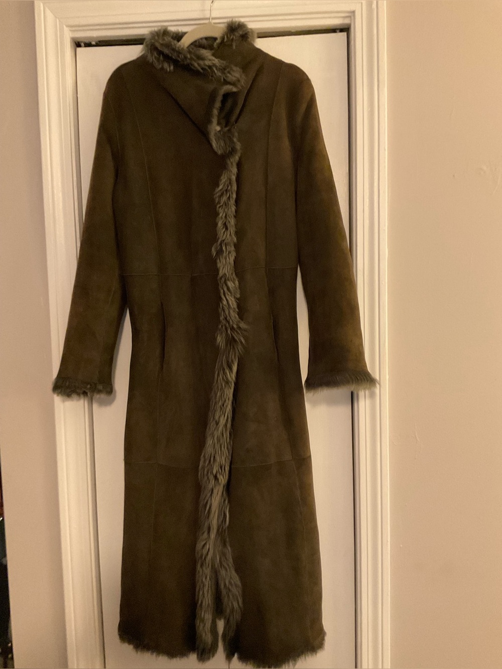 Joseph Olive Green Suede Trench Coat with Faux Fur Trim